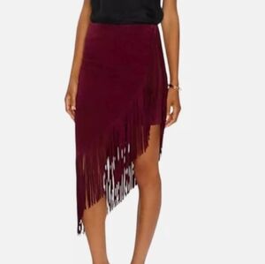 INTERMIX Burgundy Genuine Suede Fringe Skirt XS AsymmetricalPerfect Condition